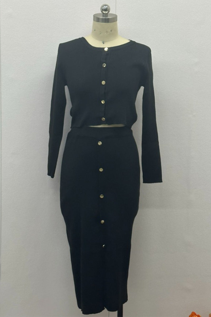 LEOCADIA – DAILY ELEGANT BUCKLE O-NECK LONG SLEEVE TWO-PIECE SET