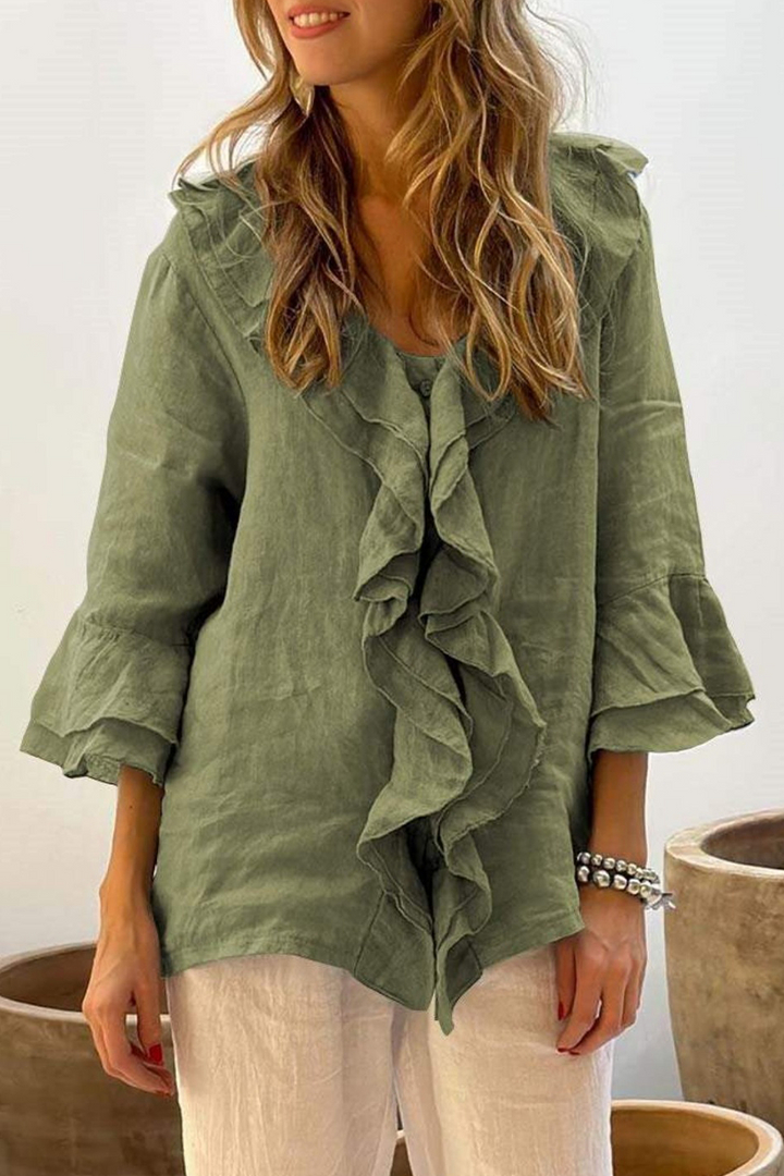 ROSABELL – CASUAL SOLID COLOR RUFFLE V-NECK BLOUSE