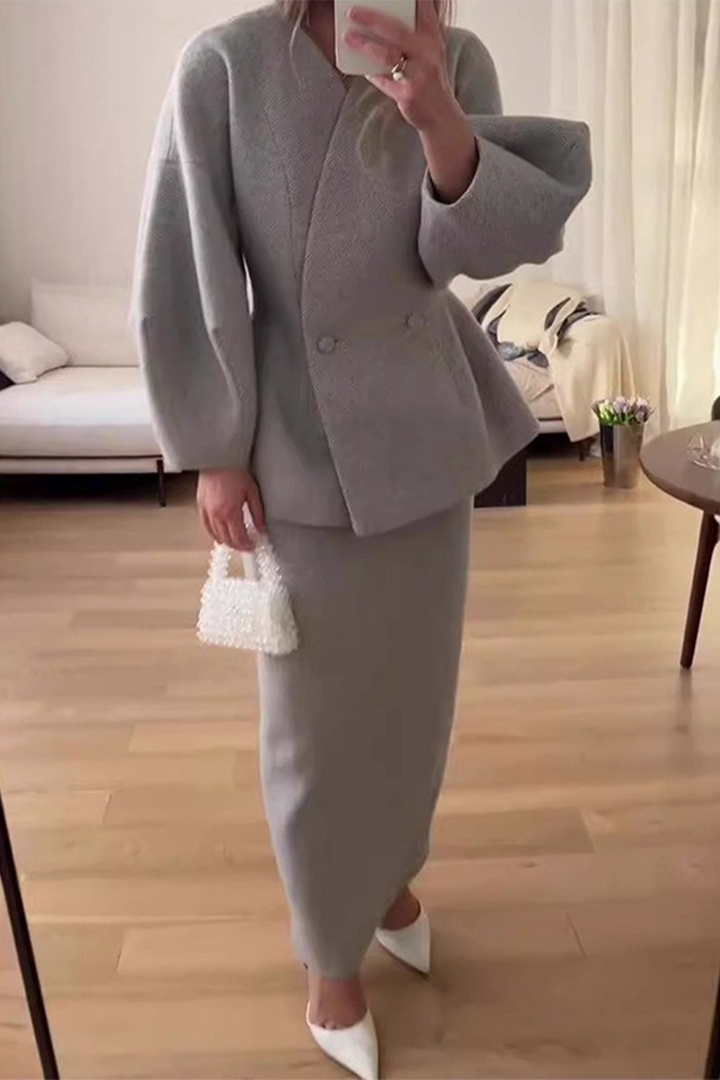 AZELIE – ELEGANT BUTTONS V-NECK LONG SLEEVE TWO-PIECE SET