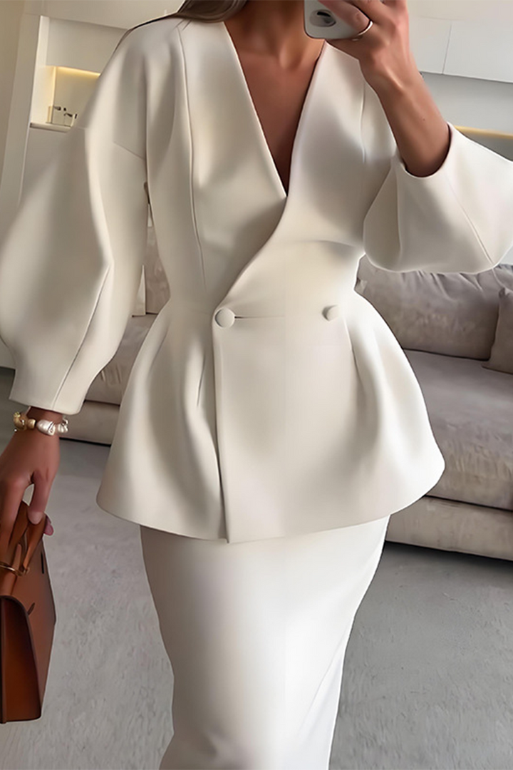 AZELIE – ELEGANT BUTTONS V-NECK LONG SLEEVE TWO-PIECE SET