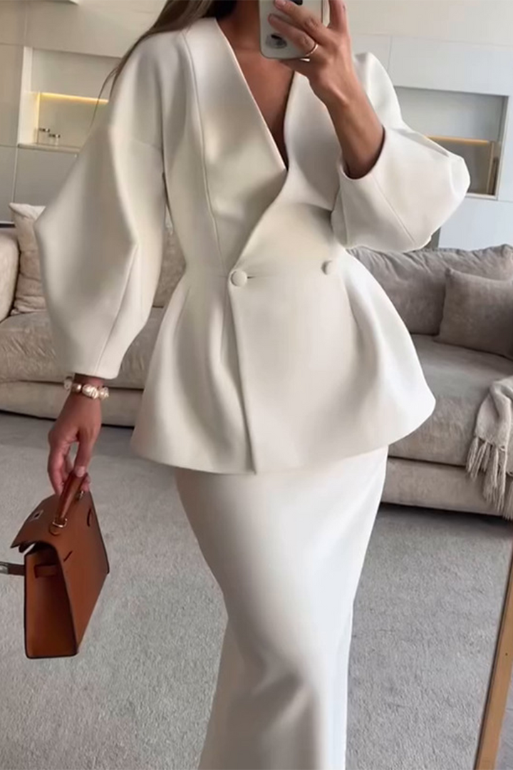 AZELIE – ELEGANT BUTTONS V-NECK LONG SLEEVE TWO-PIECE SET