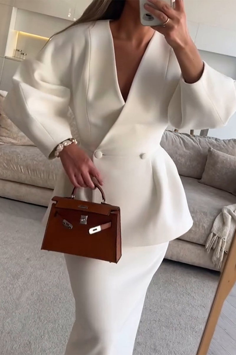 AZELIE – ELEGANT BUTTONS V-NECK LONG SLEEVE TWO-PIECE SET
