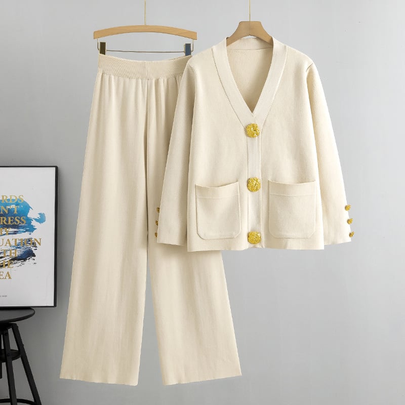 DAMARIS – METAL BUTTON WOOL SWEATER & WIDE-LEG PANTS SET