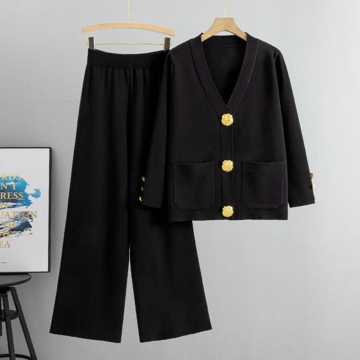 DAMARIS – METAL BUTTON WOOL SWEATER & WIDE-LEG PANTS SET